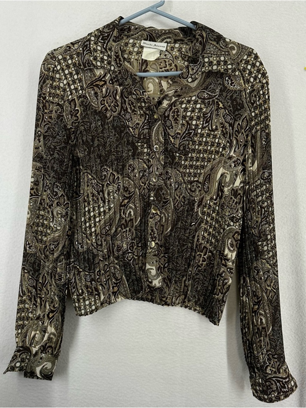 Burke Avenue Y2K Paisley Button Long Sleeve Blouse Crinkle Medium Brown